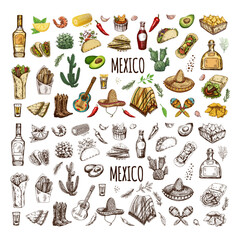 Hand-drawn colored and monochrome set of realistic mexican elements. Vintage sketch drawings of Latin American culture. Vector ink illustration. Mexican culture. Latin America.
