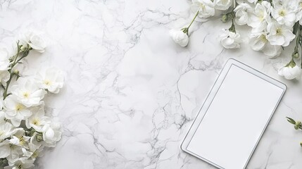 White flowers elegantly arranged beside a blank tablet screen on a marble background create a serene and stylish scene, ideal for minimalist aesthetics with ample copy space.
