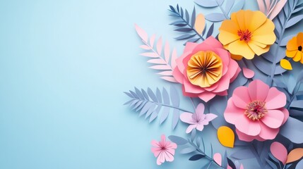 Vibrant paper flowers in various shapes and colors are artistically arranged against a soft blue background, highlighting a creative approach to floral design