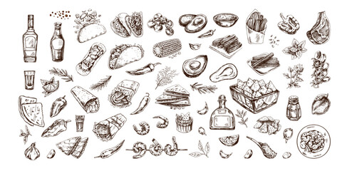 Hand-drawn set of realistic mexican dishes and products. Vintage sketch drawings of Latin American cuisine. Vector ink illustration. Mexican culture. Latin America. © Mariia Mazaeva