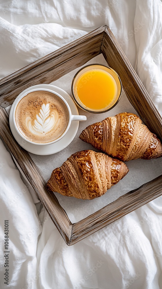 Poster A top-down view of a breakfast tray with a cappuccino fresh croissants and orange juice creating a relaxing morning setting with side empty space for text Stockphoto style