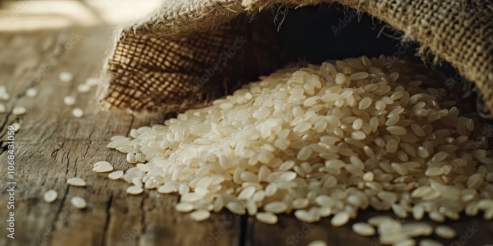 Poster rice is cascading out of a burlap sack onto a wooden table surface. this image captures the scene in