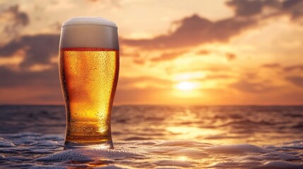 A glass of beer freshly filled stands against the backdrop of the sea and a sunset, offering a serene atmosphere perfect for relaxation. The beer captures the essence of enjoyment.