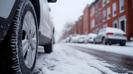 Dramatic scene of a car skidding on an icy snowy city street and colliding with a parked vehicle on the narrow urban road