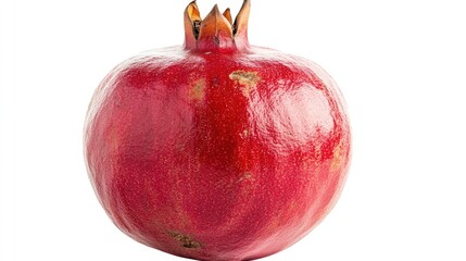 Fresh front view photo of a juicy, ripe red pomegranate, isolated against a white background, represents a traditional symbolic gift often associated with celebrations like Eid al-Adha. CUT OUT.
