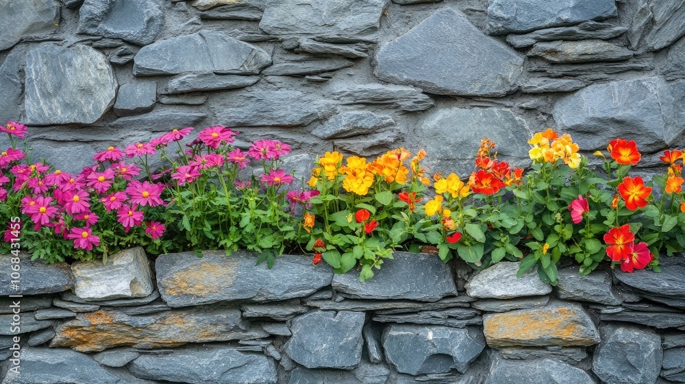 Poster old gray stone wall adorned with vibrant summer flowers, creating a picturesque contrast. this image