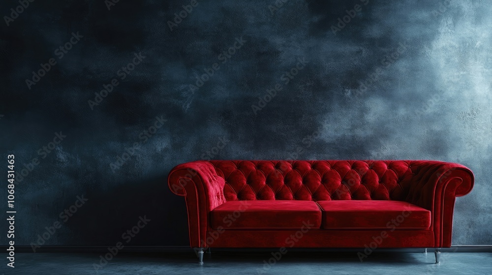 Poster dark red velvet sofa positioned in a modern art deco space, enhanced by cool tones, creating a strik