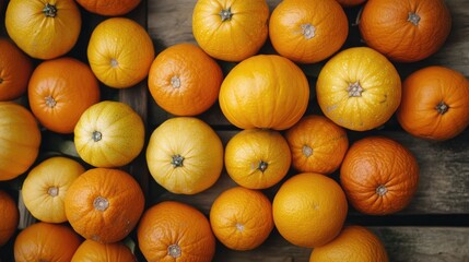 Vibrant autumn-colored oranges and pumpkins are beautifully arranged in close-up, offering a striking top view on a rustic wooden table, with ample space for text.