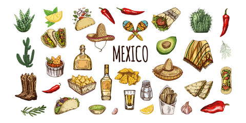 Hand-drawn colored set of realistic mexican elements. Vintage sketch drawings of Latin American culture. Vector ink illustration. Mexican culture. Latin America.