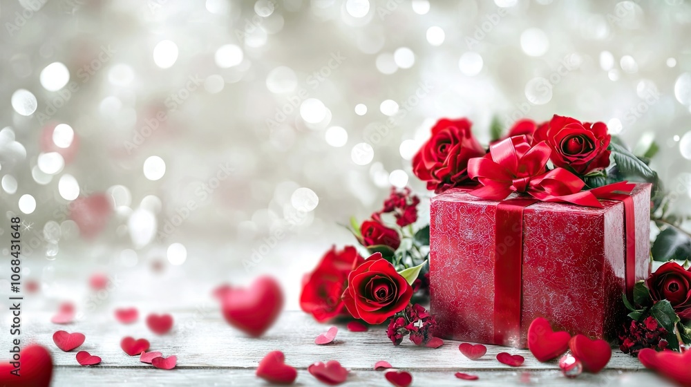 Poster valentines day background with a red gift box adorned with ribbon and roses beautifully arranged on 