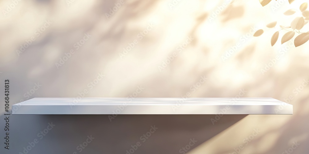 Aufkleber an empty, white wooden shelf sits in front of a softly blurred background illuminated by morning lig