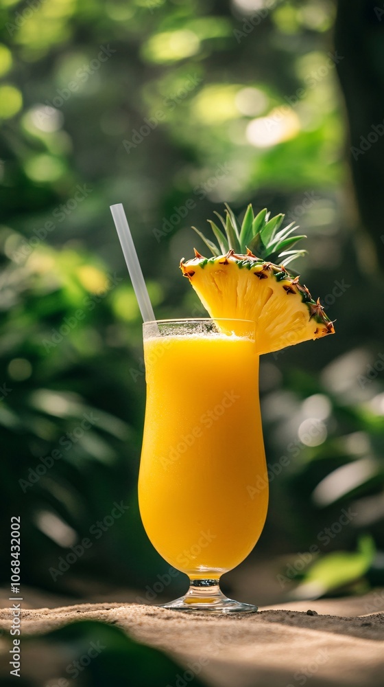 Poster A refreshing tropical cocktail with a pineapple garnish and umbrella served on a beach background creating vacation vibes with side empty space for text Stockphoto style
