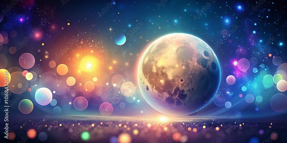 Poster stunning bokeh effect of a realistic moon in space with a mesmerizing planet background - vector sto