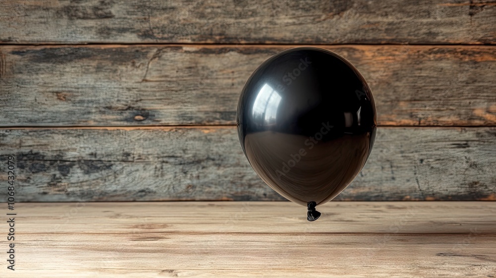 Poster a playful black balloon rests on a wooden surface, creating a fun and minimalist vibe that contrasts