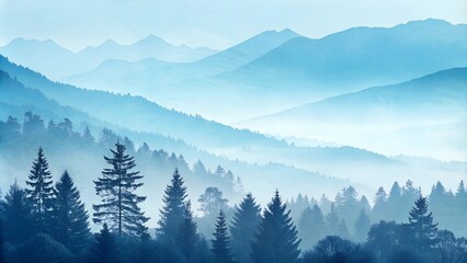 Fototapeta premium Misty mountain landscape with a lone figure amidst fog and trees at dawn