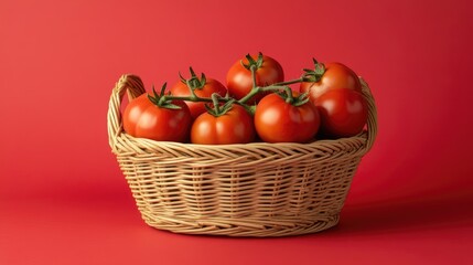 Vibrant fresh tomatoes arranged in a woven basket, capturing the essence of freshness and natural beauty, with ample copy space for your creative needs.