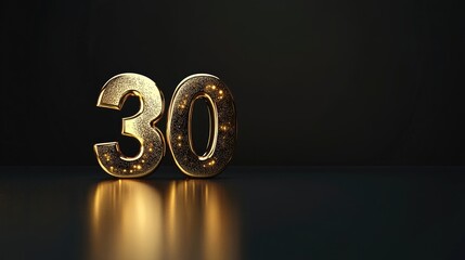 Golden number representing a 30th anniversary celebration, with a bold and elegant design, perfect for capturing the essence of this significant milestone. The composition allows for ample copy space.