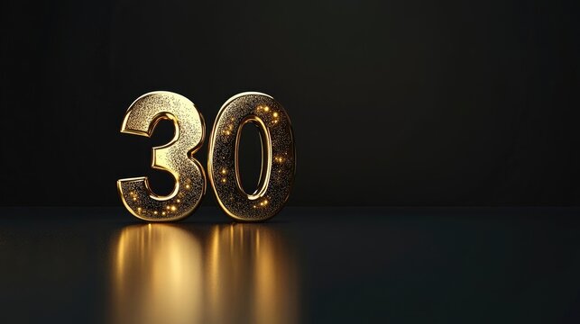 Golden number representing a 30th anniversary celebration, with a bold and elegant design, perfect for capturing the essence of this significant milestone. The composition allows for ample copy space.