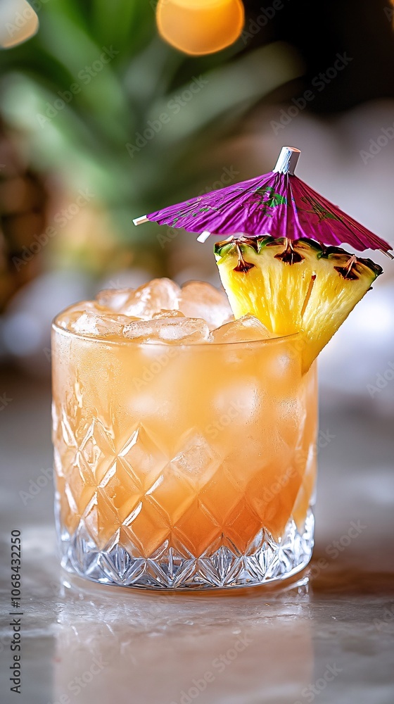 Poster a refreshing tropical cocktail with a pineapple garnish and umbrella served on a beach background cr