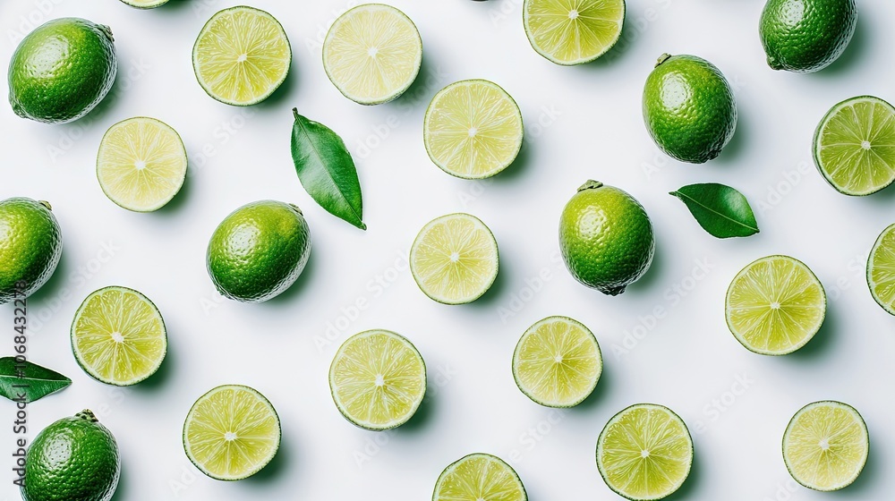 Poster fresh whole and cut limes are presented against a white background, creating a vibrant display of li