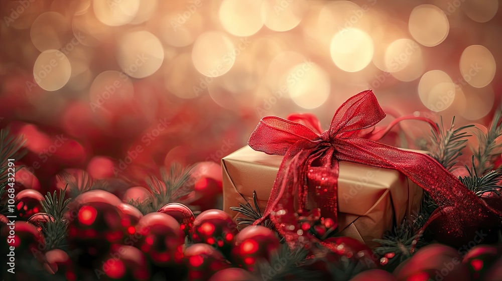 Poster golden gift with a red ribbon highlights a charming arrangement with red balls, creating a soft boke