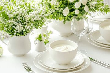 A beautifully arranged table featuring white dishes and floral decor, set on a light background, ideal for dining