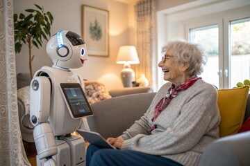 An elderly woman sits and smiles while interacting with a humanoid care robot in a cozy home setting, representing AI in elder care.
