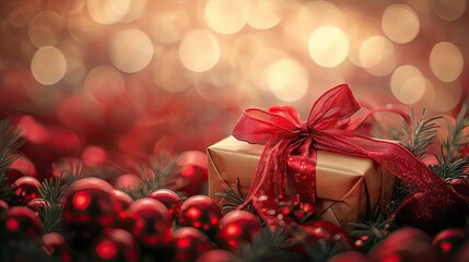 Golden gift with a red ribbon highlights a charming arrangement with red balls, creating a soft bokeh background that enhances the cozy ambiance in this photo. Copy space included.