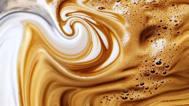 A close-up of a coffee drink, showing the swirling patterns of foam and milk
