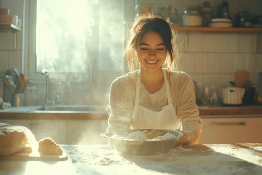 Joyful Baking Moments: A Young Woman Embracing the Art of Cooking with Flour and Passion in a Sunlit Kitchen
