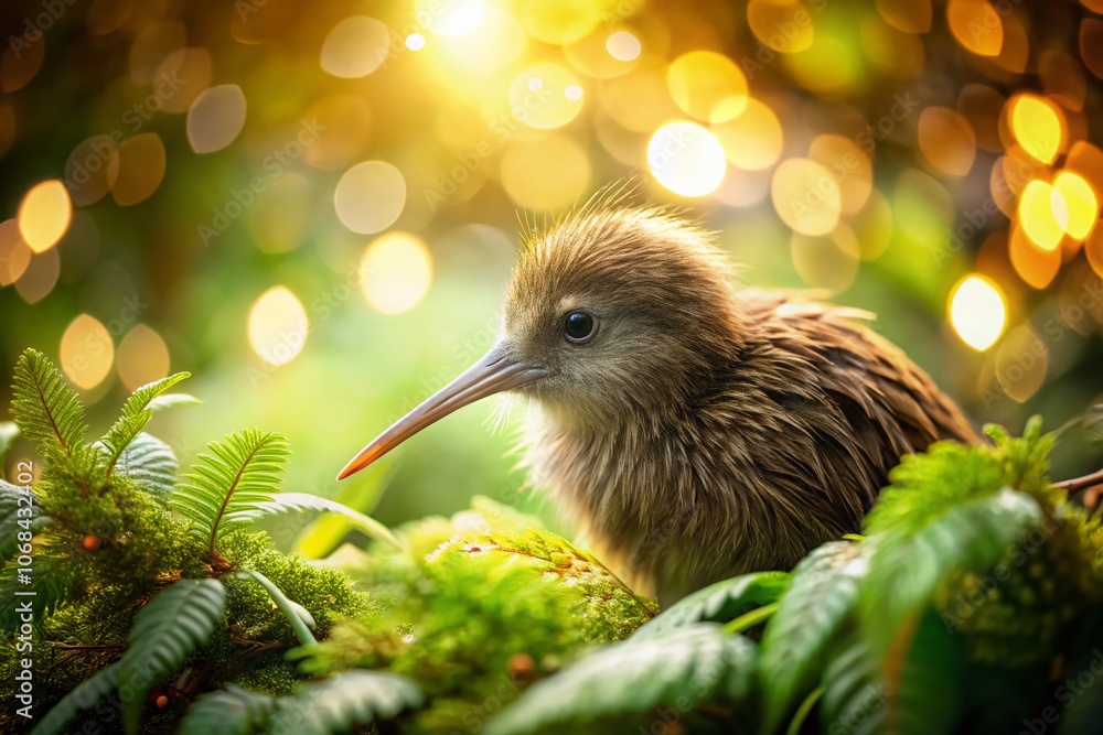 Aufkleber stunning close-up of a kiwi bird in natural habitat with bokeh background, capturing the unique feat