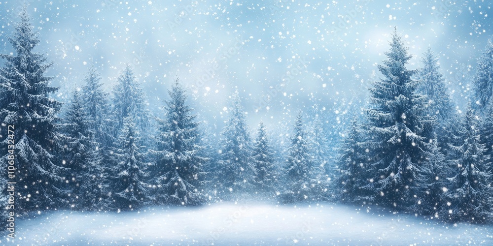 Poster blank space available for text within a wintery forest covered in snow, providing an ideal setting f