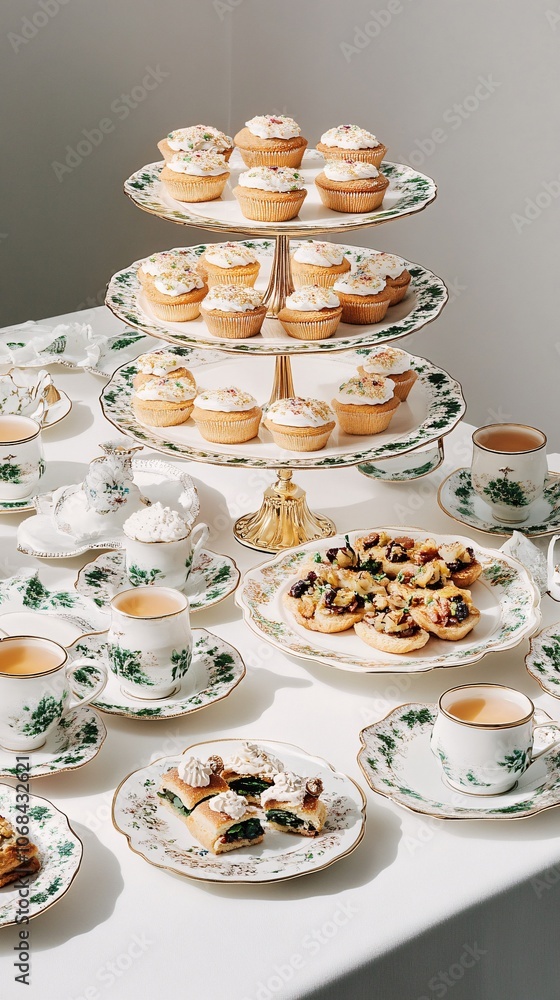 Poster an elegant high tea setup with delicate pastries finger sandwiches and tea cups on a white tableclot