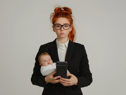 Une femme en costume tailleur corporate jongle entre son travail, repr&eacute;sent&eacute; par un smartphones, et sa vie de m&egrave;re, maternit&eacute; en entreprise, &eacute;quilibre vie priv&eacute;e, allaitement, b&eacute;b&eacute; et cong&eacute; maternit&eacute;