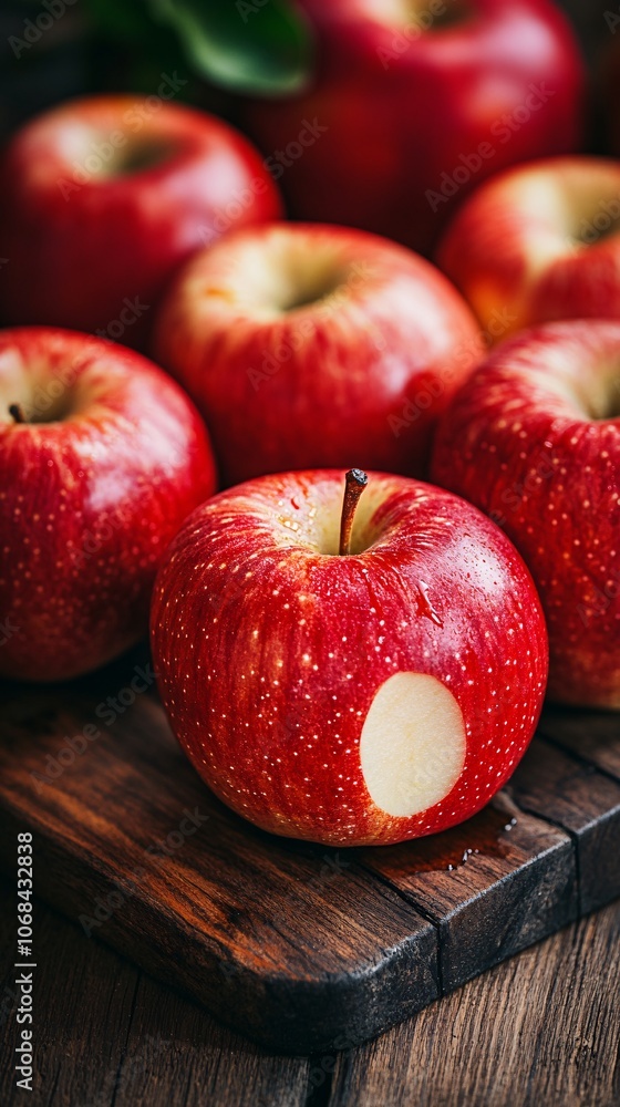 Aufkleber A wooden board with sliced apples brie cheese and honey creating a rustic and elegant snack scene with side empty space for text Stockphoto style