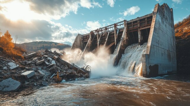 A destroyed dam with water rushing through. This photo depicts the aftermath of a natural disaster or human negligence, emphasizing the vulnerability of infrastructure.