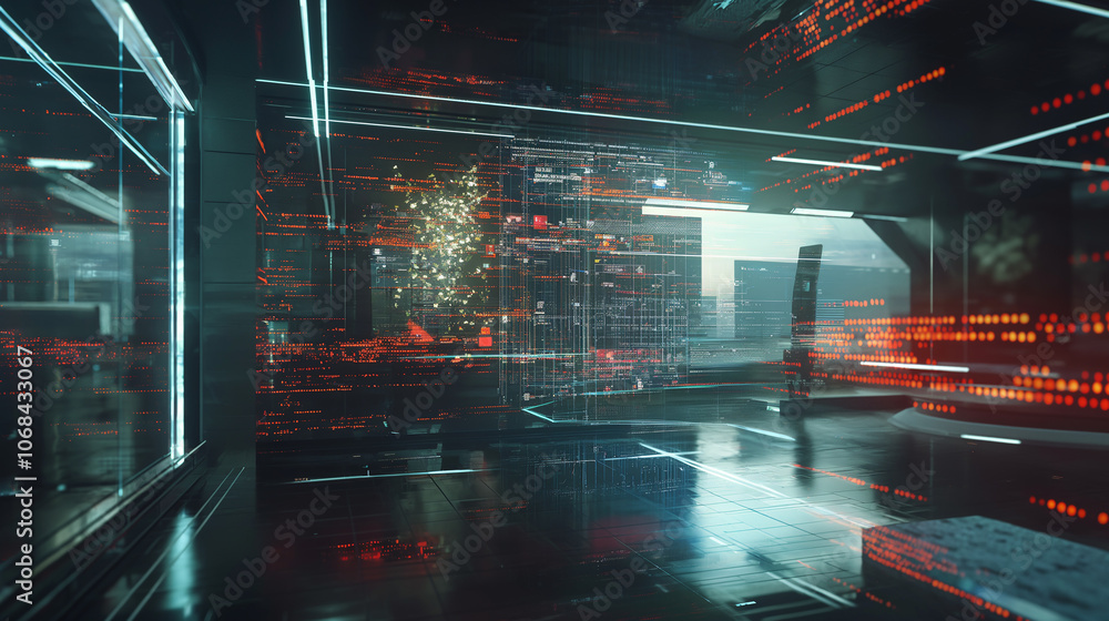 Poster software codes augmented reality display in futuristic modern office tech environment, cyber tech ba