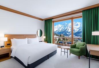 Mountain View Hotel Room with Green Curtains and Modern Furniture