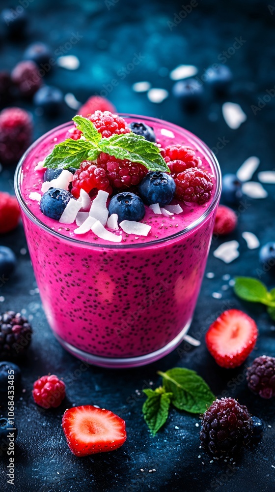 Poster A hearty bowl of chia pudding topped with mixed berries and coconut flakes on a rustic table highlighting plant-based breakfast options with side empty space for text Stockphoto style