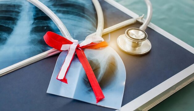 chest x-ray with heart ribbon symbol on chest. commemorating world cancer day