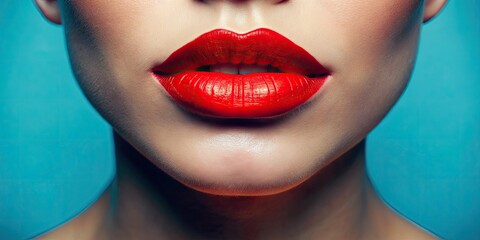Fototapeta premium A stunning photo of vivid red lips set against a rich blue backdrop makes a powerful retro statement, capturing timeless beauty and striking contrast.