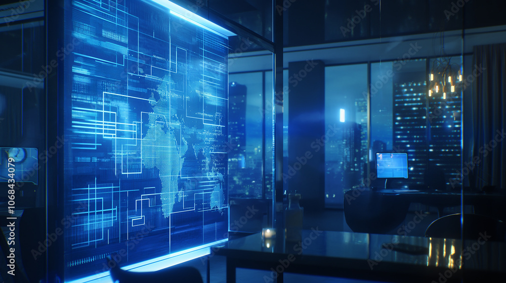 Poster software codes augmented reality display in futuristic modern office tech environment, cyber tech ba