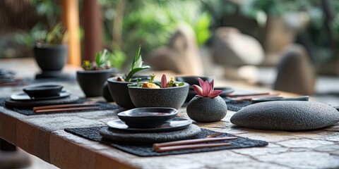 A vegan brunch inspired by Zen principles features dishes made from soy, all presented on a beautifully arranged stone table setting that enhances the experience.