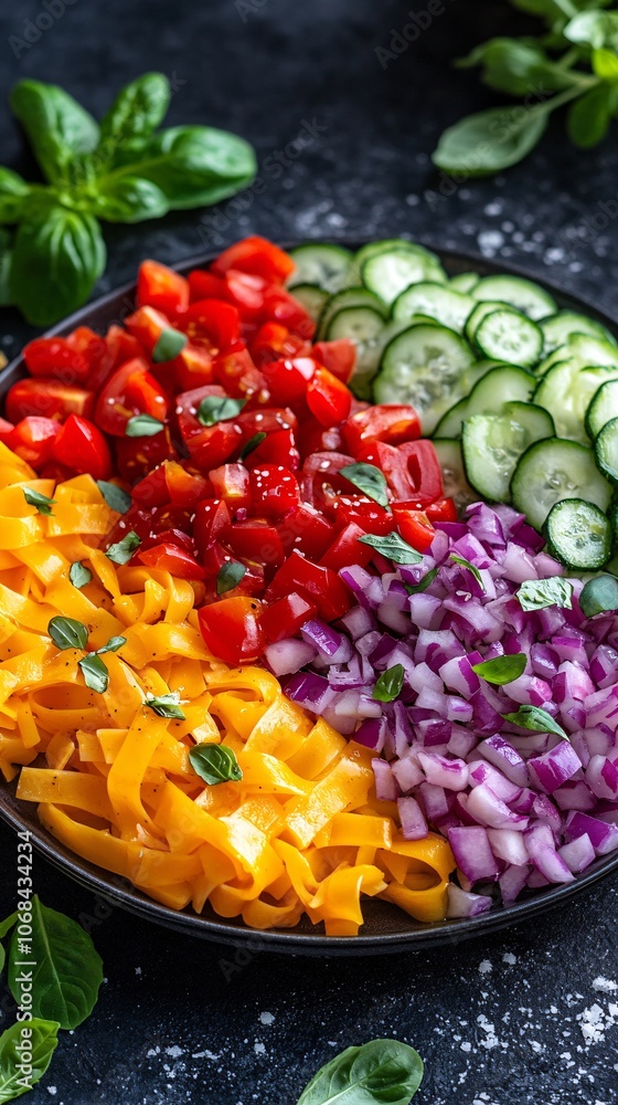 Poster a plate of vibrant pasta primavera with fresh vegetables arranged in colorful layers capturing itali