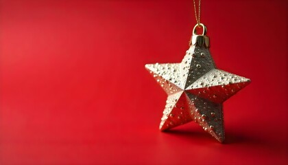 A gold star bauble isolated on a plain red Christmas background with copy space