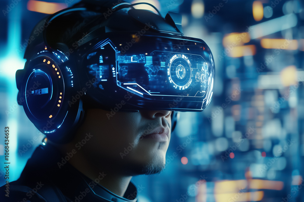 Poster a user engages with an immersive virtual reality experience, surrounded by glowing digital elements 