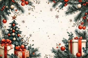 Christmas card with a white background and a golden frame. On the left side of the page, there is a Christmas tree, gifts, and snowflakes, all in a cartoon style