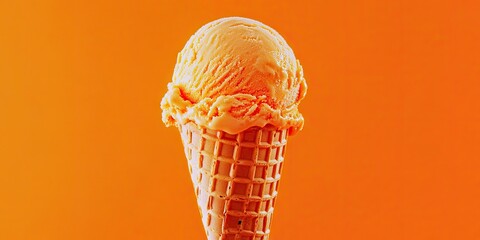Aerial perspective of lively orange ice cream in a waffle cone, set against a bright orange background. This colorful scene captures the essence of summer indulgence.