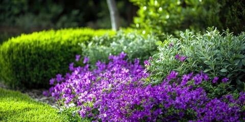 Obraz premium Bright purple blossoms nestled within a thriving, green garden display their beauty. The vivid colors of the purple flowers contrast wonderfully with the rich greenery surrounding them.