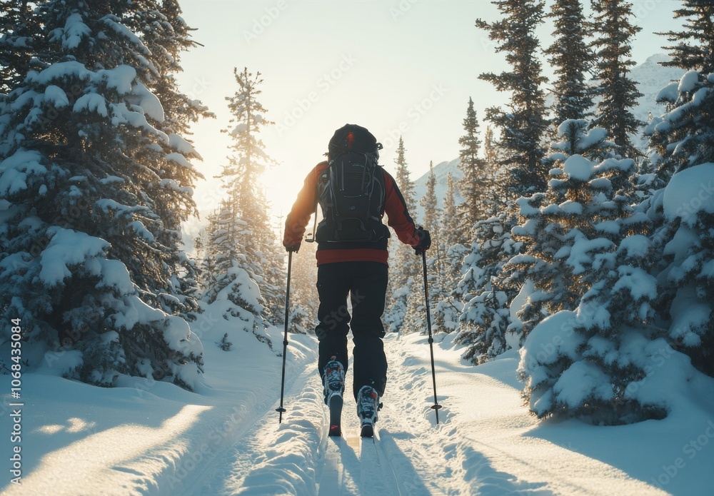 Poster a man is skiing through a forest with a backpack on. the sun is shining through the trees, creating 